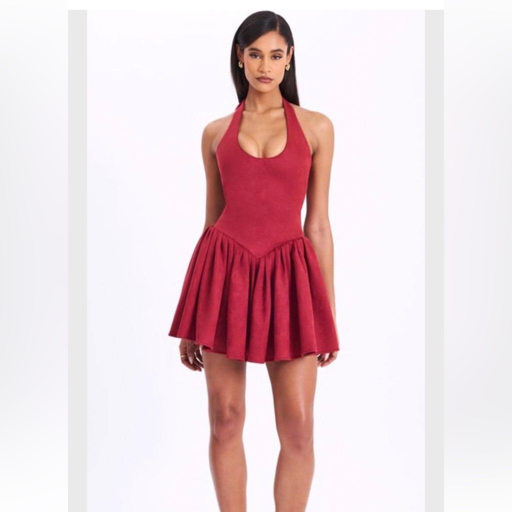 Burgundy Halter Velvet V Neck Mini Dress